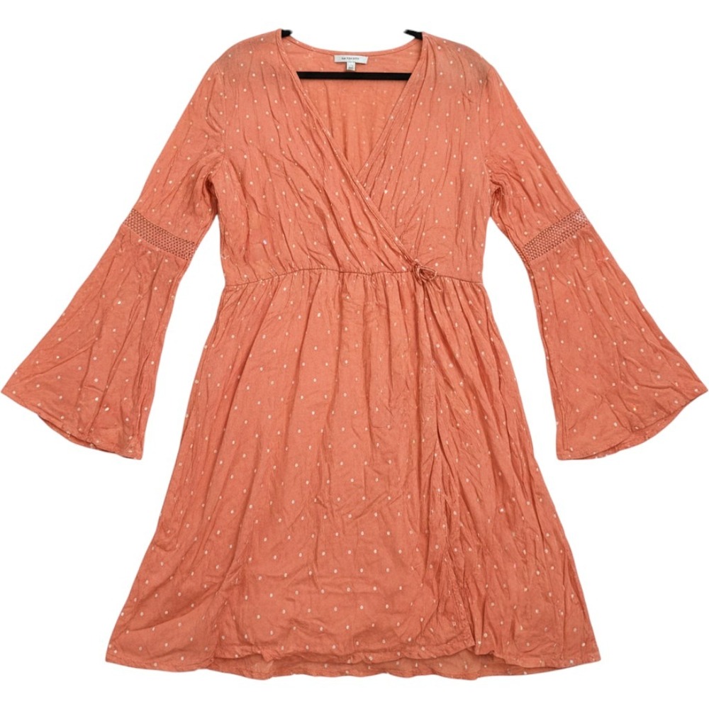 Roxy Crochet Heart Orange Diamond Dot Wrap Mini Dress Bell Sleeve XL ERJWD03330
